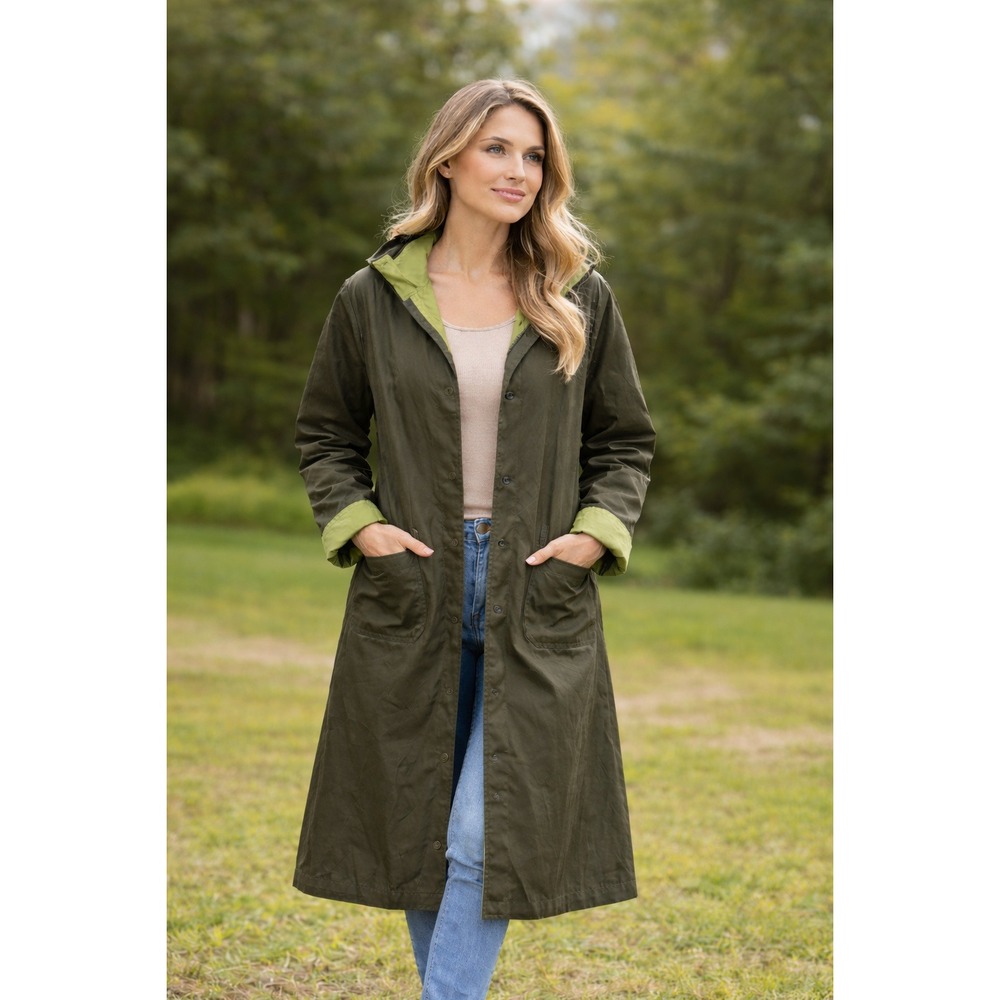 Maralyce Ferree Long Hooded Trench‎ Coat Olive Green Brown Reversable Size S